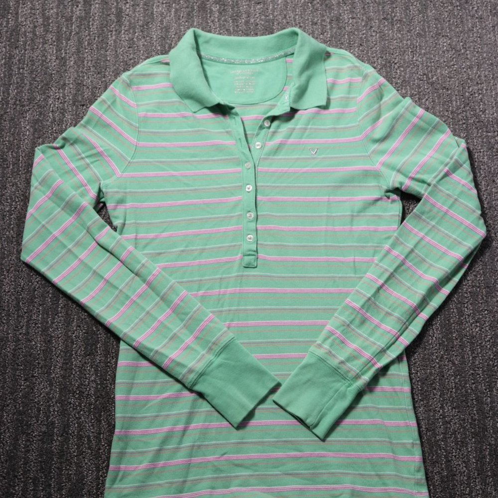 American Eagle Outfitters Women's Medium Green And Pink Stripe Long Sleeve Top